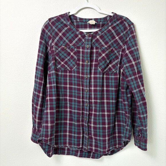 Duluth Trading Co Flannel Shirt Womens L Burgundy Teal Plaid Roll Tab Lumberjack - Picture 1 of 11